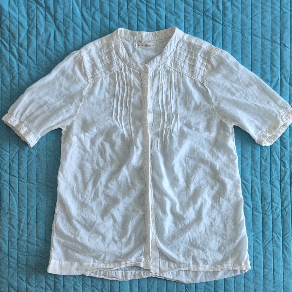 Sela Vintage 2000s White Romantic Button Breezy Summer Short Sleeve Blouse